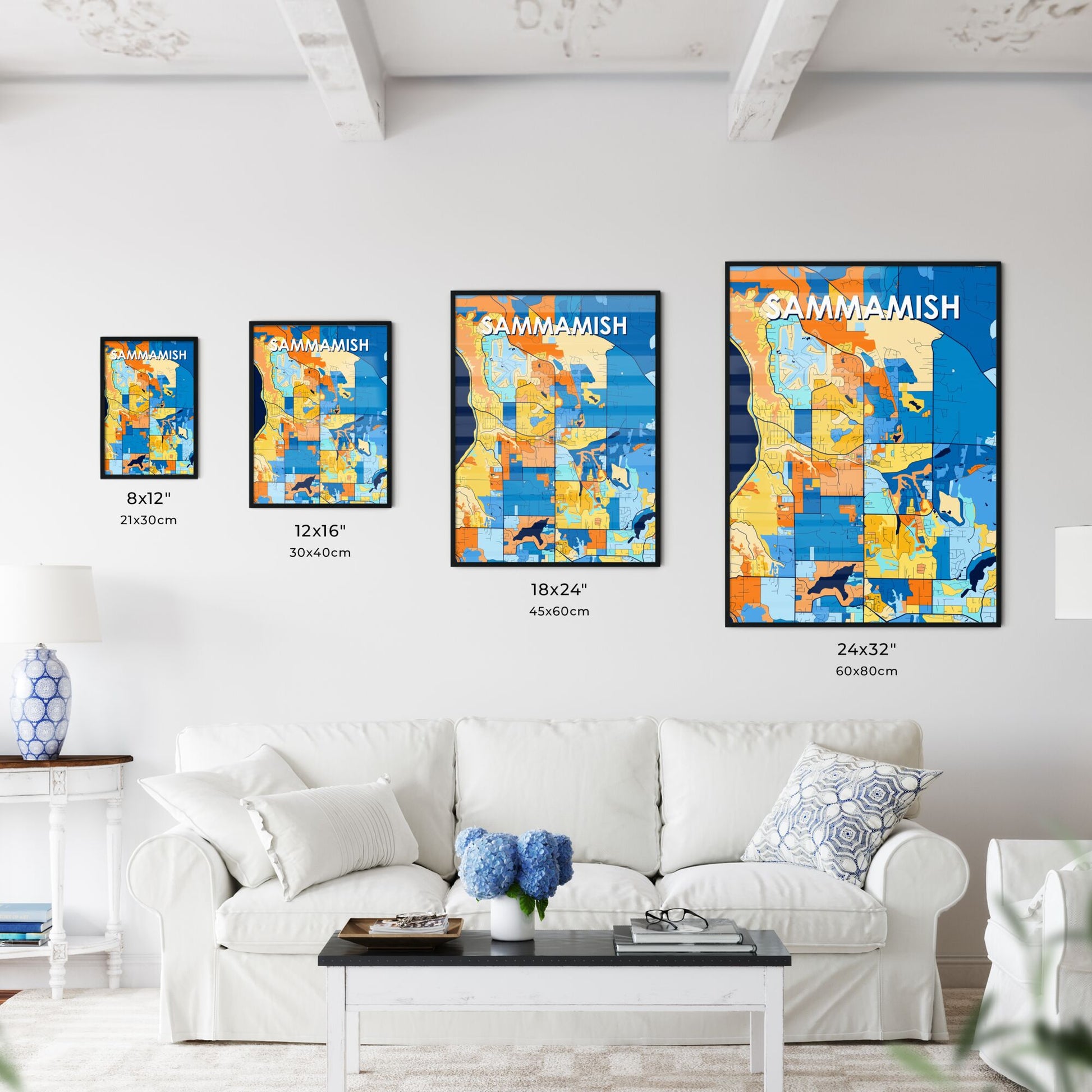 SAMMAMISH WASHINGTON Vibrant Colorful Art Map Poster Blue Orange