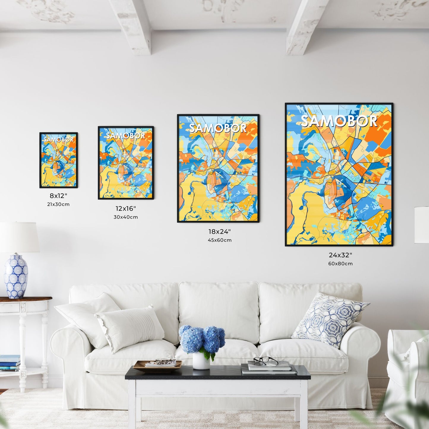 SAMOBOR CROATIA Vibrant Colorful Art Map Poster Blue Orange