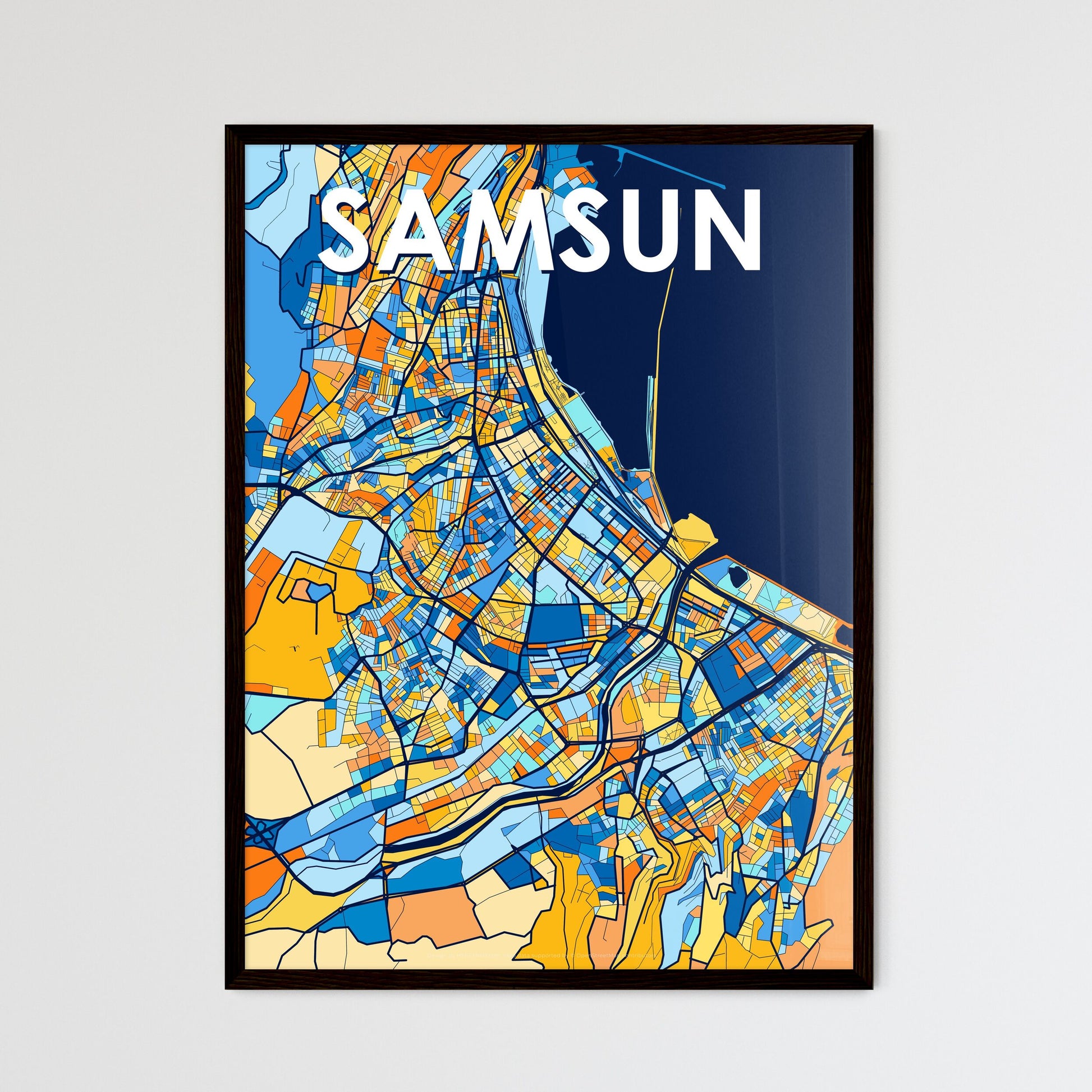 SAMSUN TURKEY Vibrant Colorful Art Map Poster Blue Orange