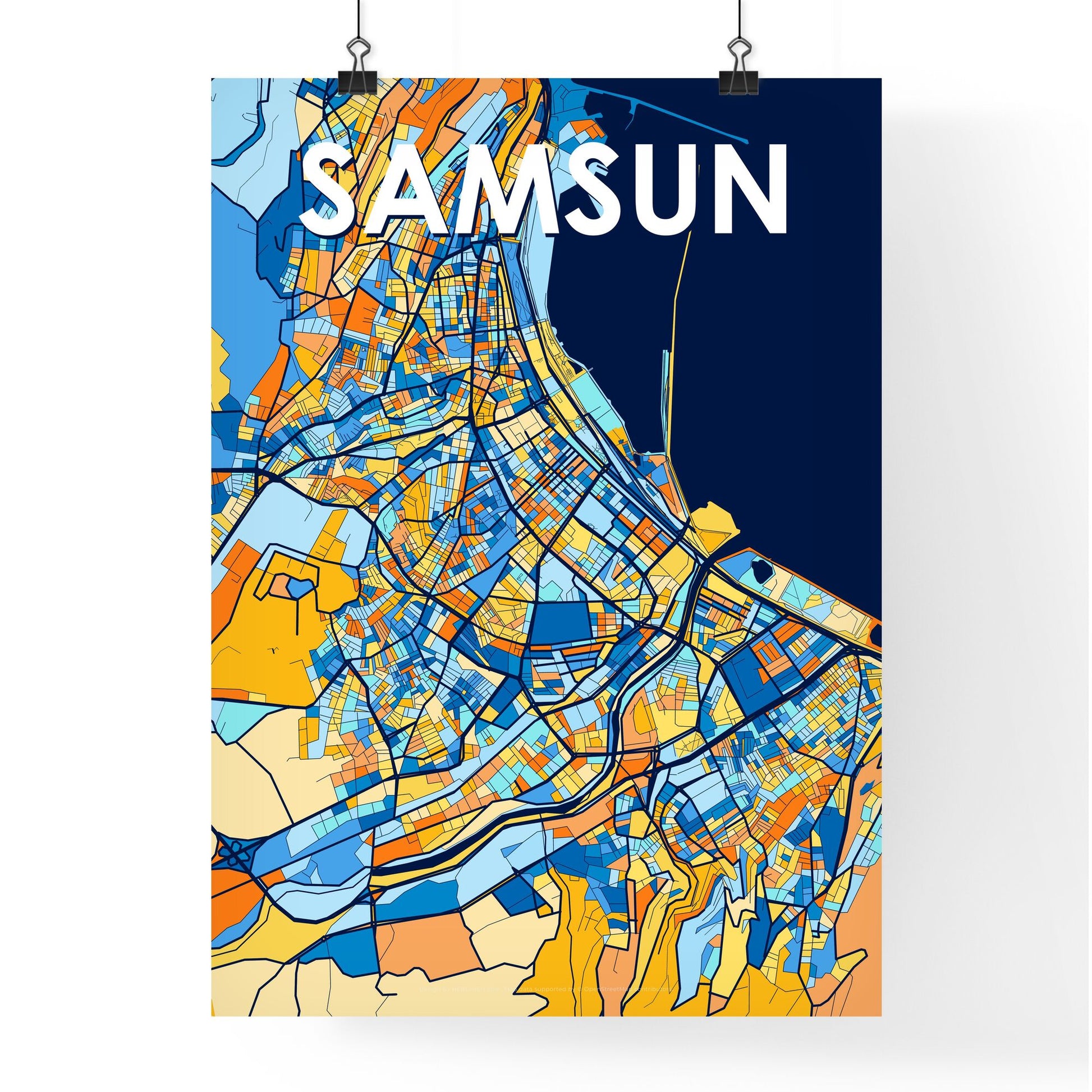 SAMSUN TURKEY Vibrant Colorful Art Map Poster Blue Orange