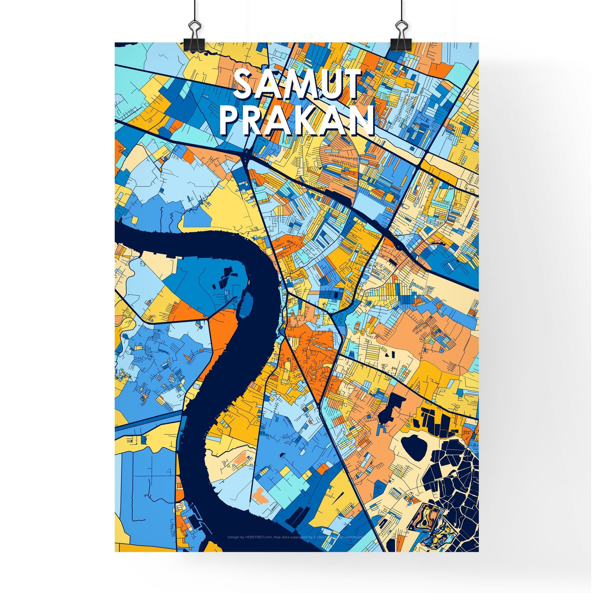 SAMUT PRAKAN THAILAND Vibrant Colorful Art Map Poster Blue Orange