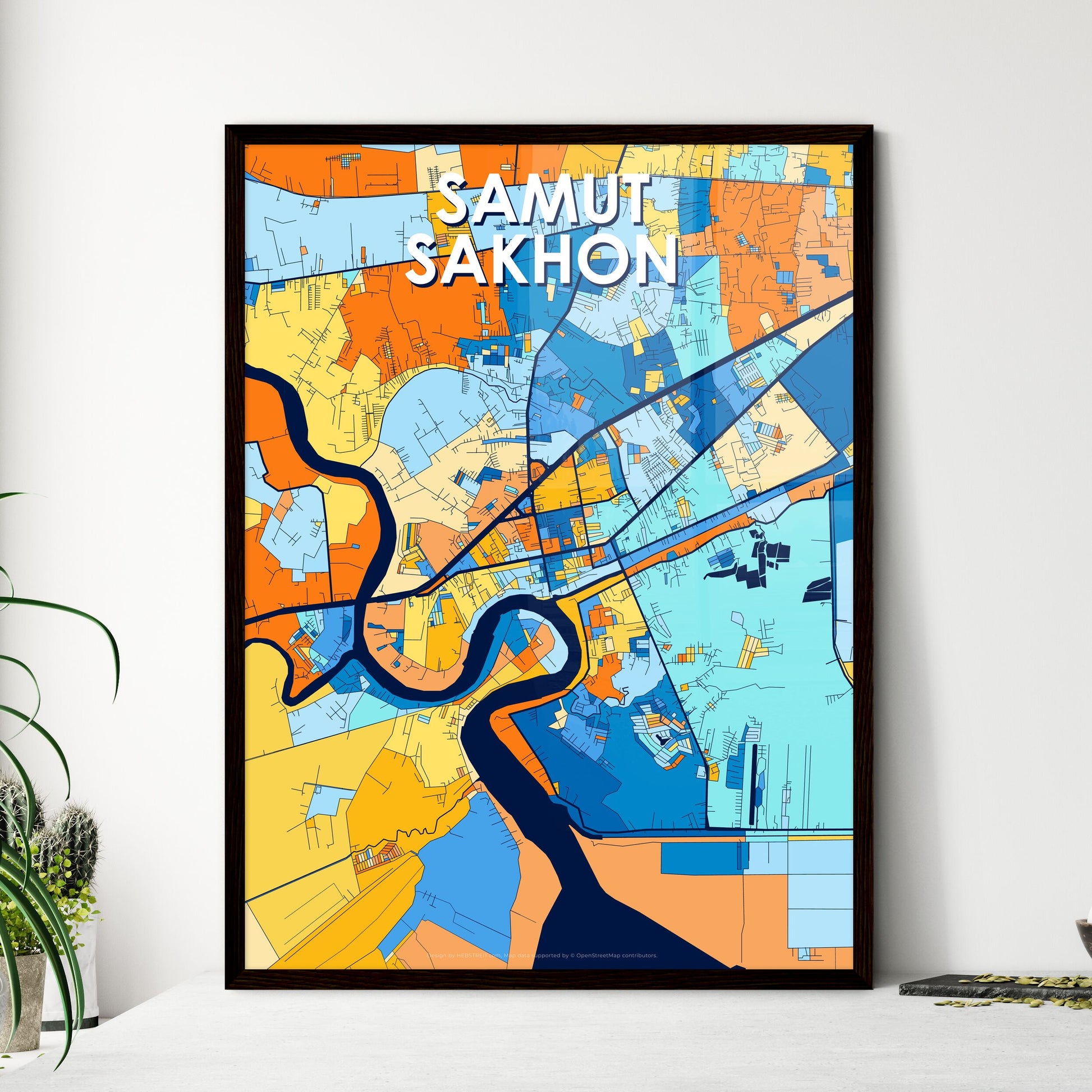 SAMUT SAKHON THAILAND Vibrant Colorful Art Map Poster Blue Orange