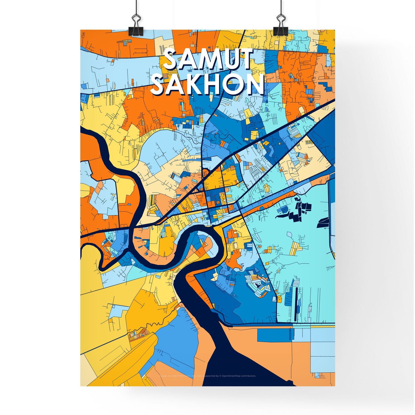 SAMUT SAKHON THAILAND Vibrant Colorful Art Map Poster Blue Orange