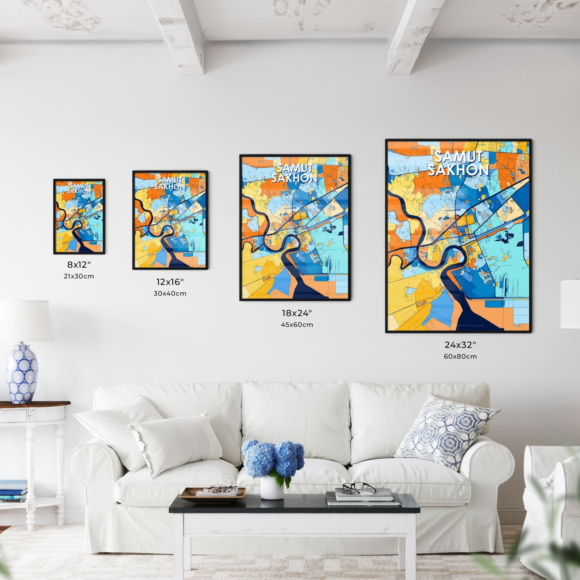 SAMUT SAKHON THAILAND Vibrant Colorful Art Map Poster Blue Orange