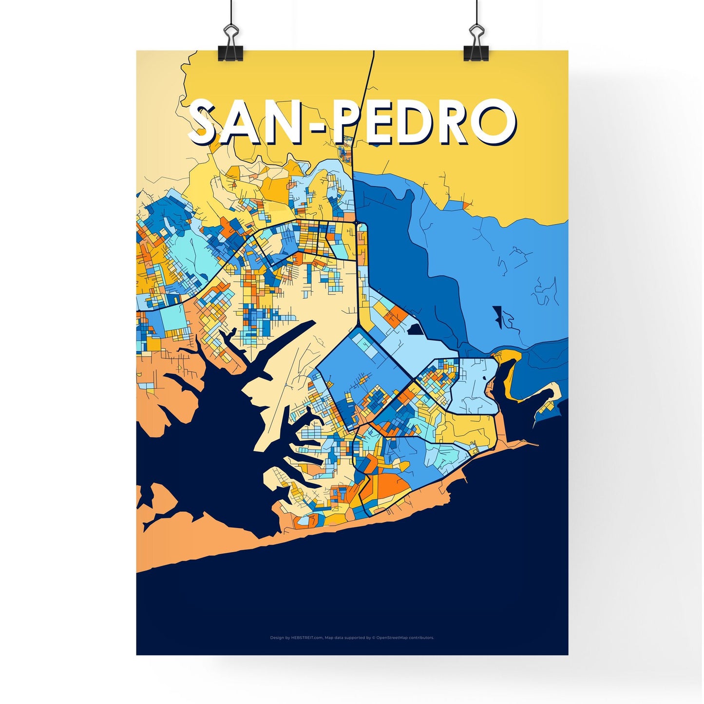 SAN-PEDRO IVORY COAST Vibrant Colorful Art Map Poster Blue Orange