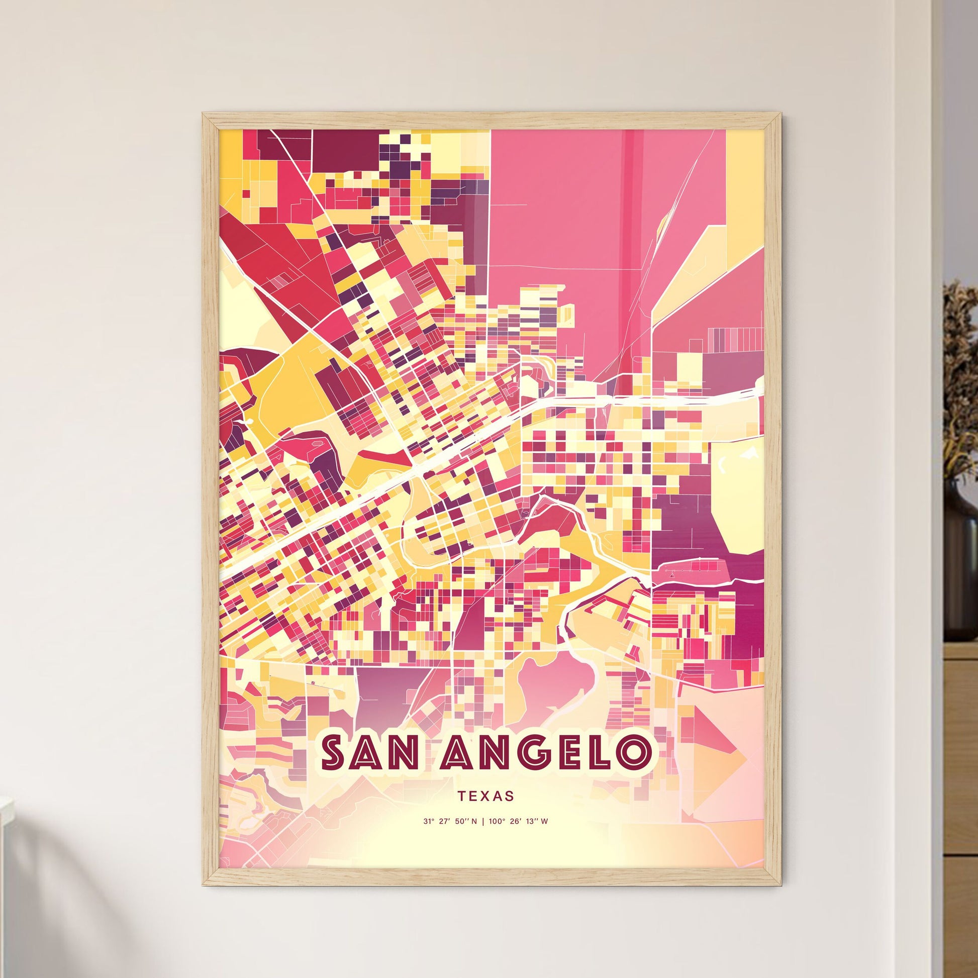 Colorful San Angelo Texas Fine Art Map Hot Red
