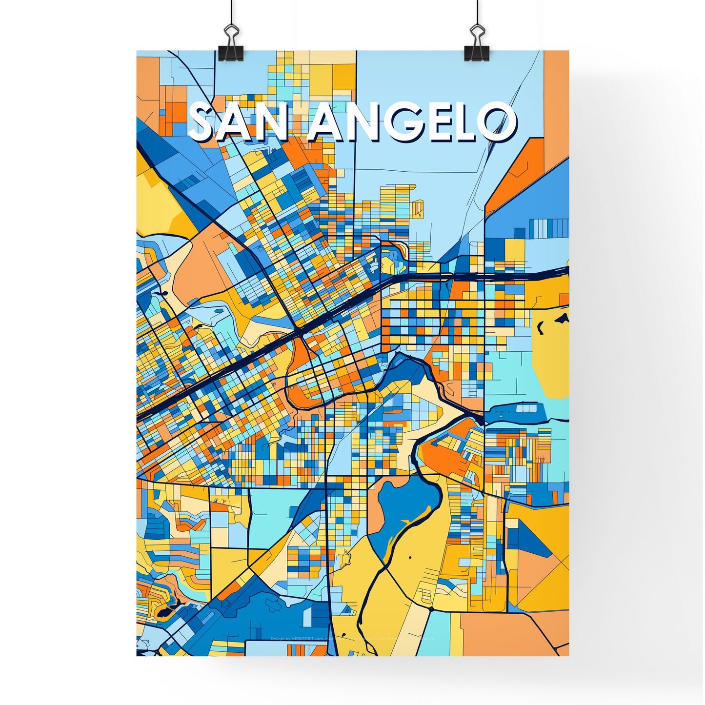 SAN ANGELO TEXAS Vibrant Colorful Art Map Poster Blue Orange