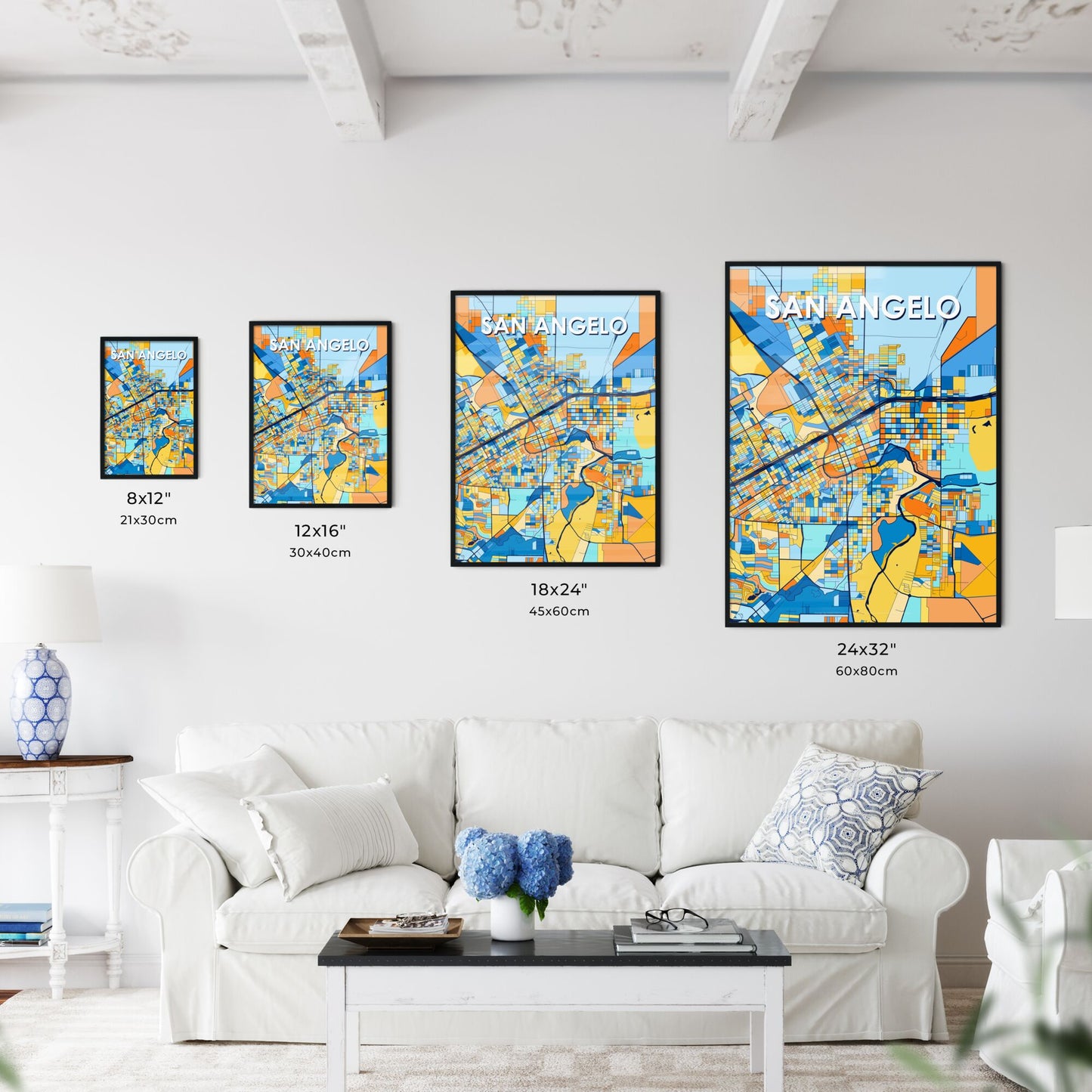 SAN ANGELO TEXAS Vibrant Colorful Art Map Poster Blue Orange