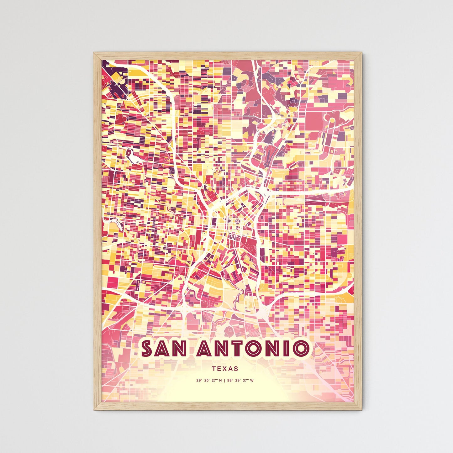 Colorful San Antonio Texas Fine Art Map Hot Red
