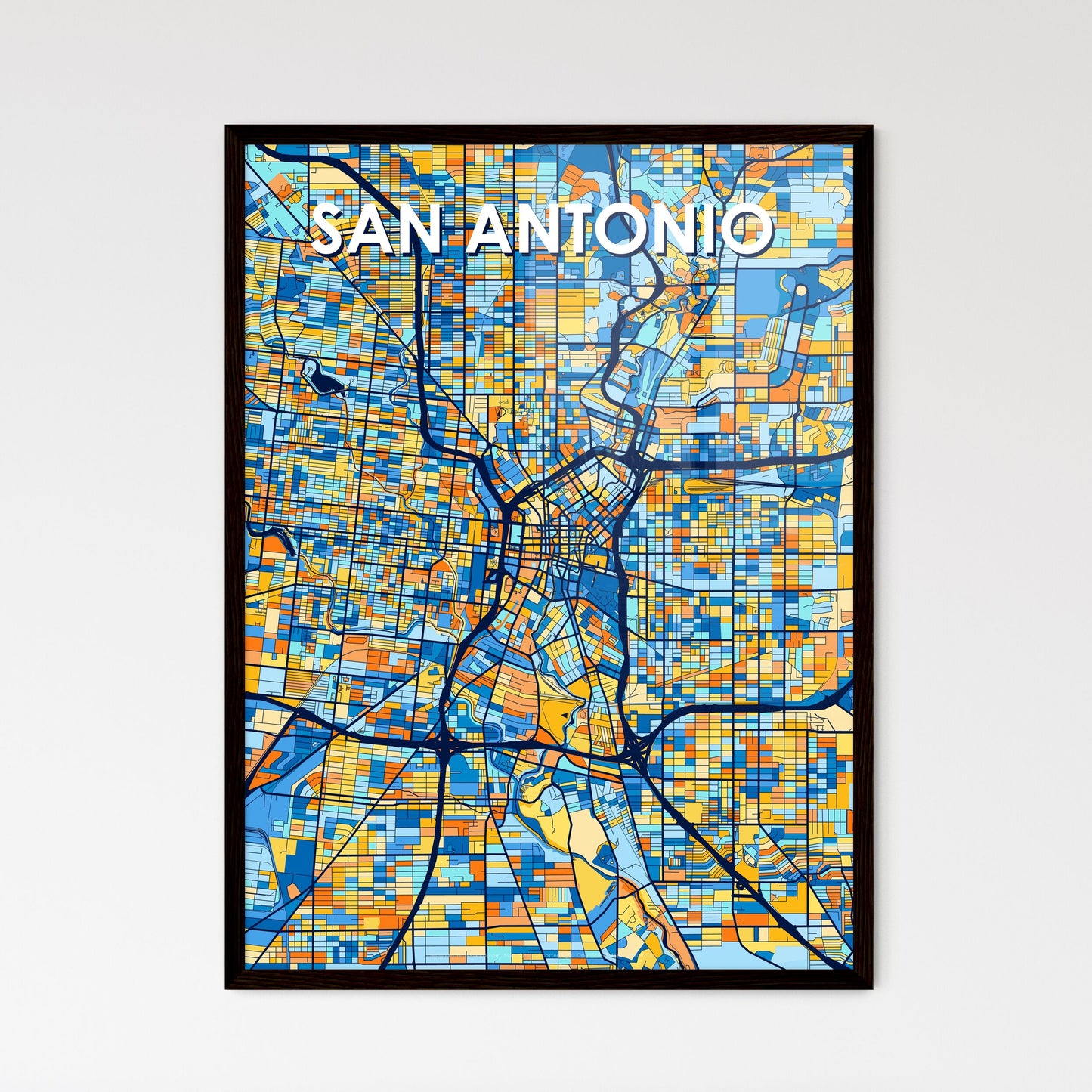 SAN ANTONIO TEXAS Vibrant Colorful Art Map Poster Blue Orange