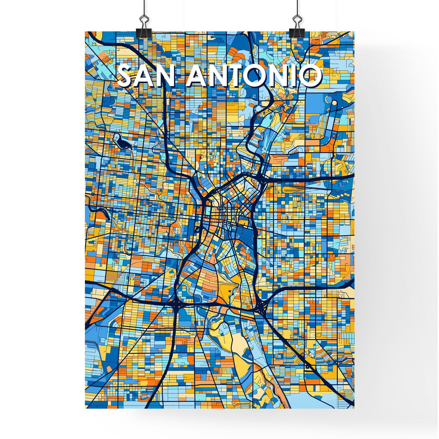 SAN ANTONIO TEXAS Vibrant Colorful Art Map Poster Blue Orange