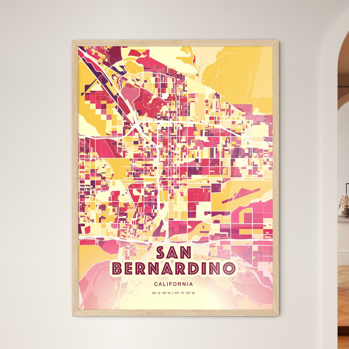 Colorful San Bernardino California Fine Art Map Hot Red
