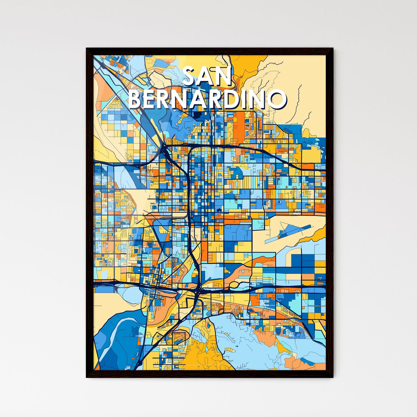 SAN BERNARDINO CALIFORNIA Vibrant Colorful Art Map Poster Blue Orange