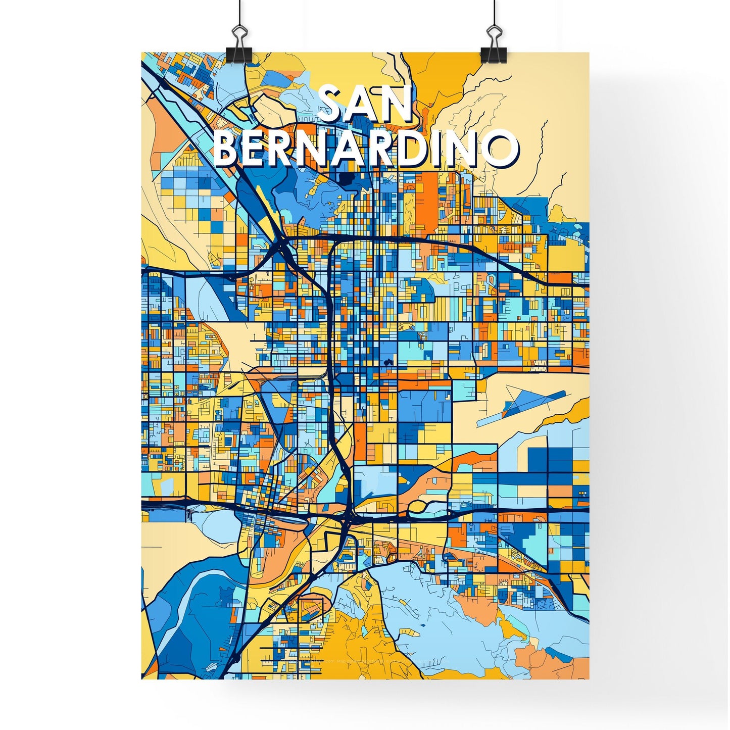 SAN BERNARDINO CALIFORNIA Vibrant Colorful Art Map Poster Blue Orange