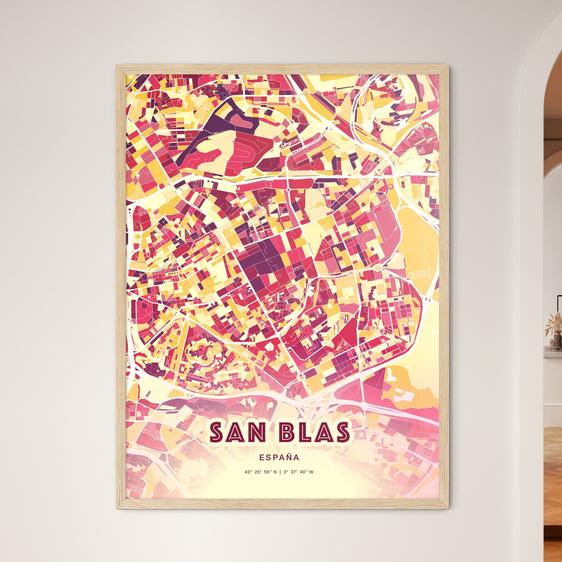 Colorful San Blas Spain Fine Art Map Hot Red