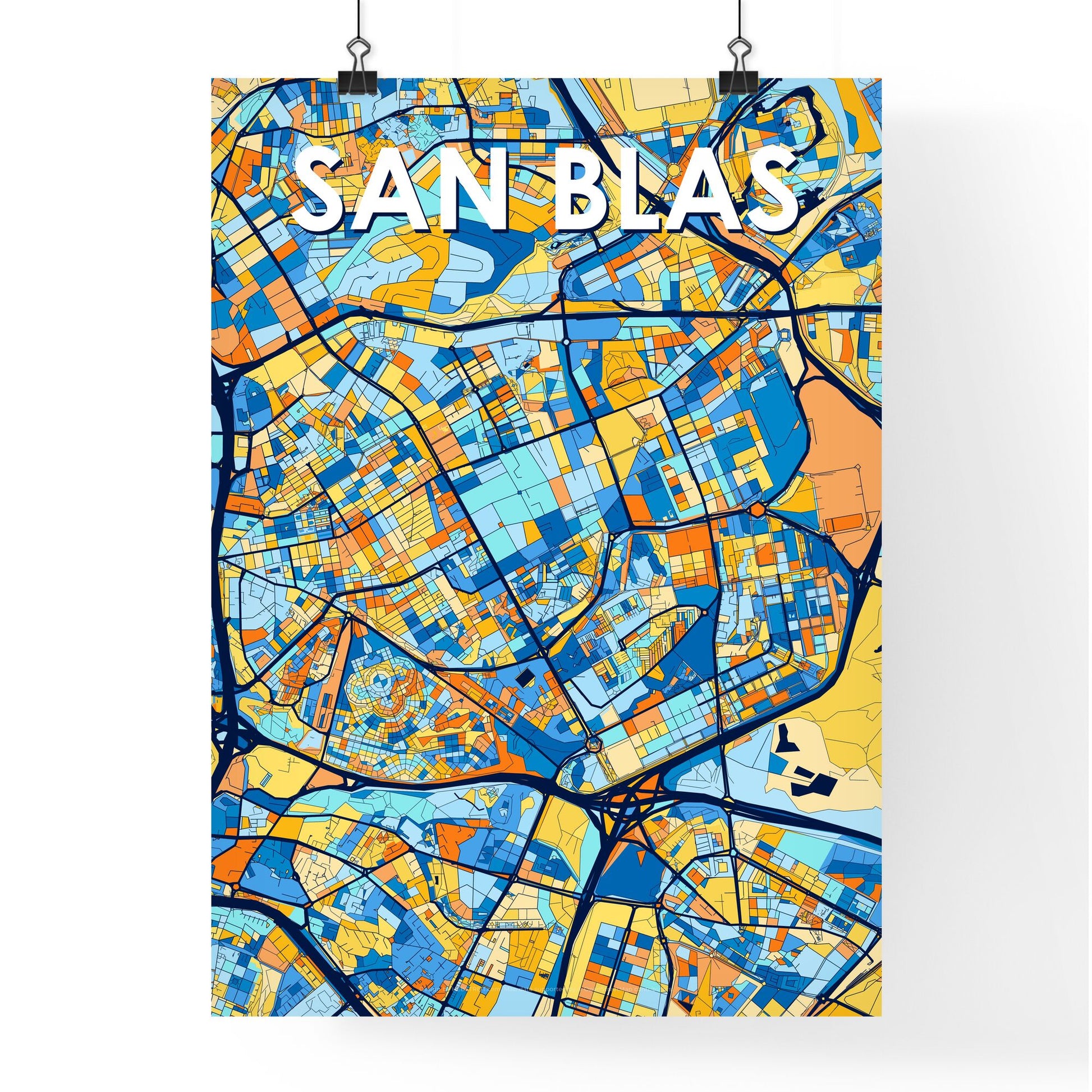 SAN BLAS SPAIN Vibrant Colorful Art Map Poster Blue Orange