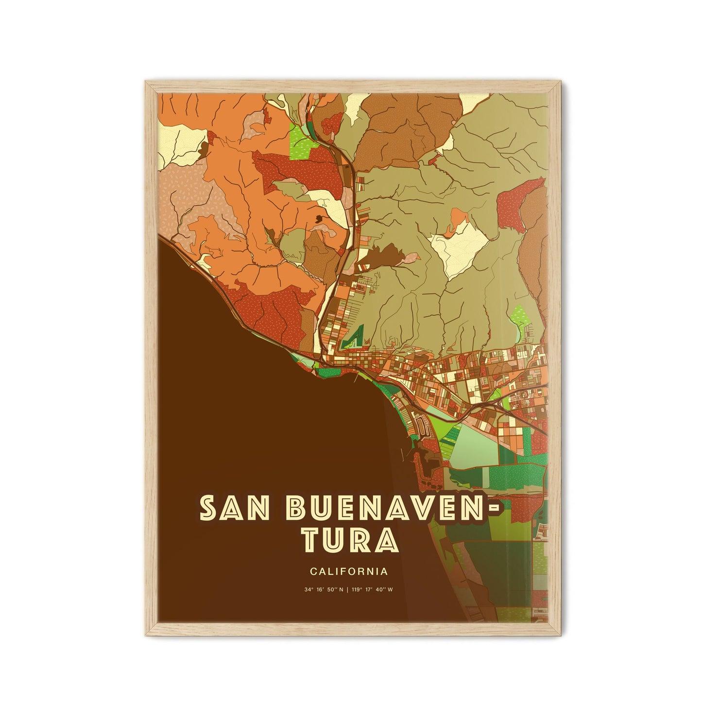 Colorful San Buenaventura California Fine Art Map Farmhouse