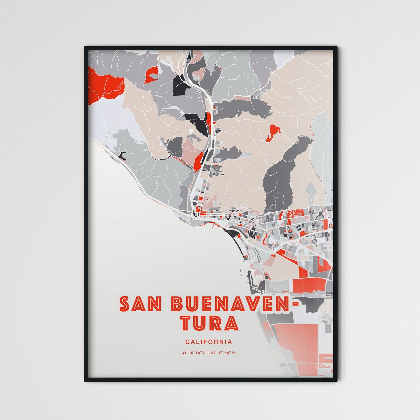 Colorful San Buenaventura California Fine Art Map Modern Expressive