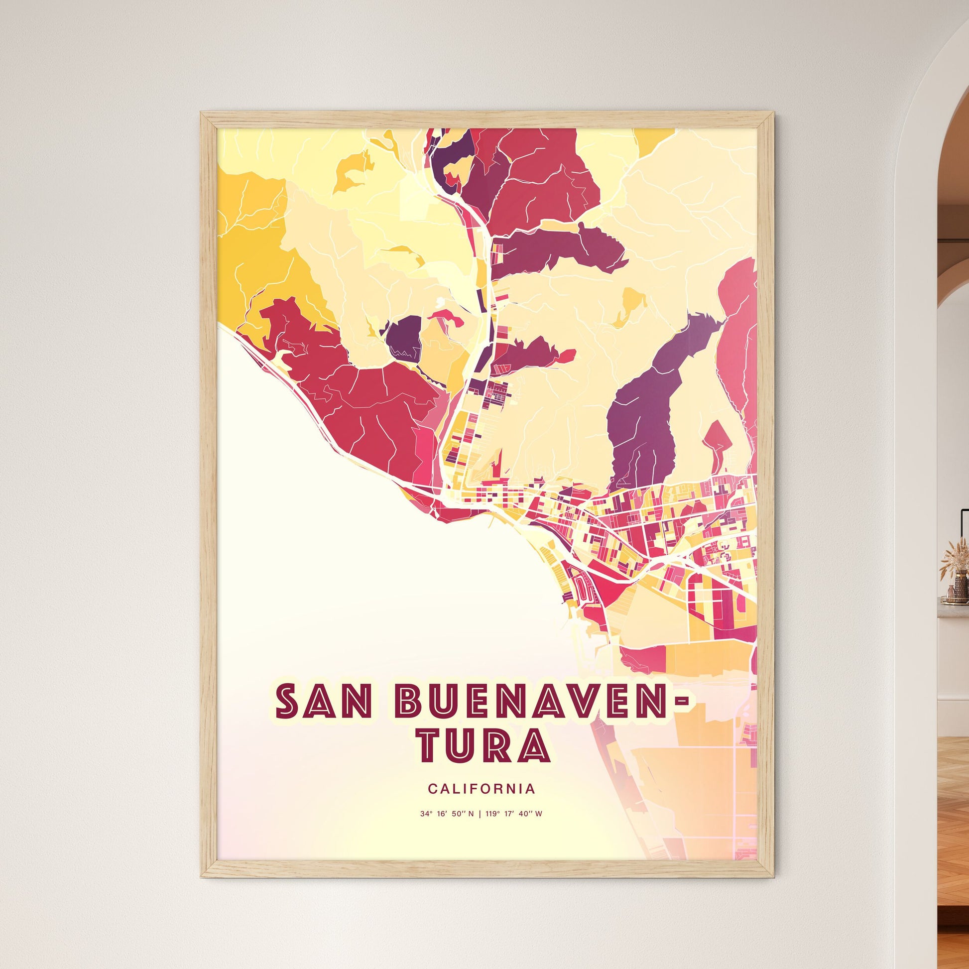 Colorful San Buenaventura California Fine Art Map Hot Red