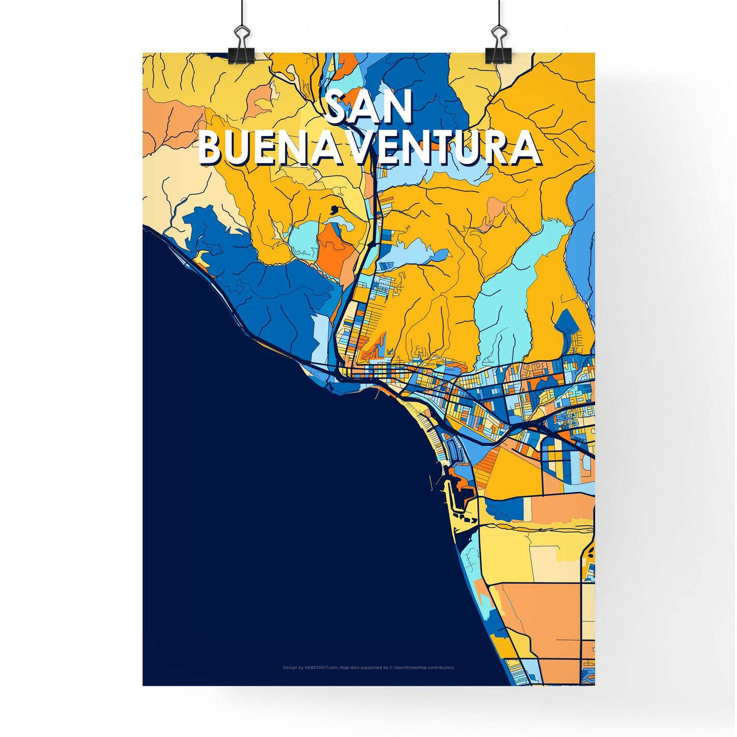 SAN BUENAVENTURA CALIFORNIA Vibrant Colorful Art Map Poster Blue Orange