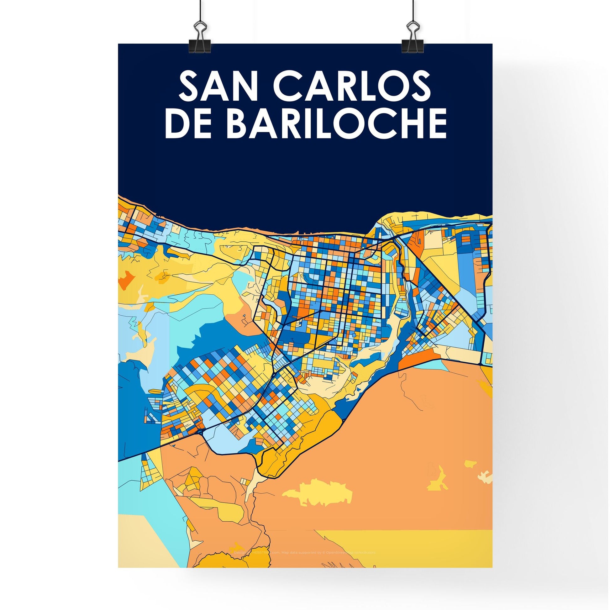 SAN CARLOS DE BARILOCHE ARGENTINA Vibrant Colorful Art Map Poster Blue Orange