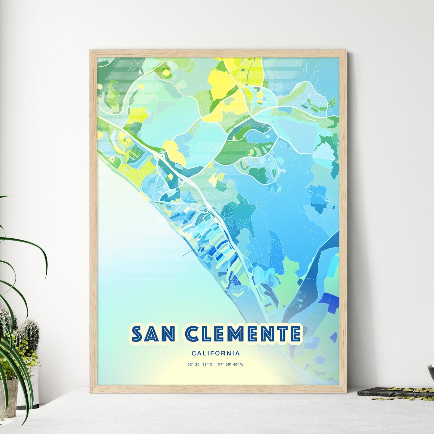 Colorful San Clemente California Fine Art Map Cool Blue