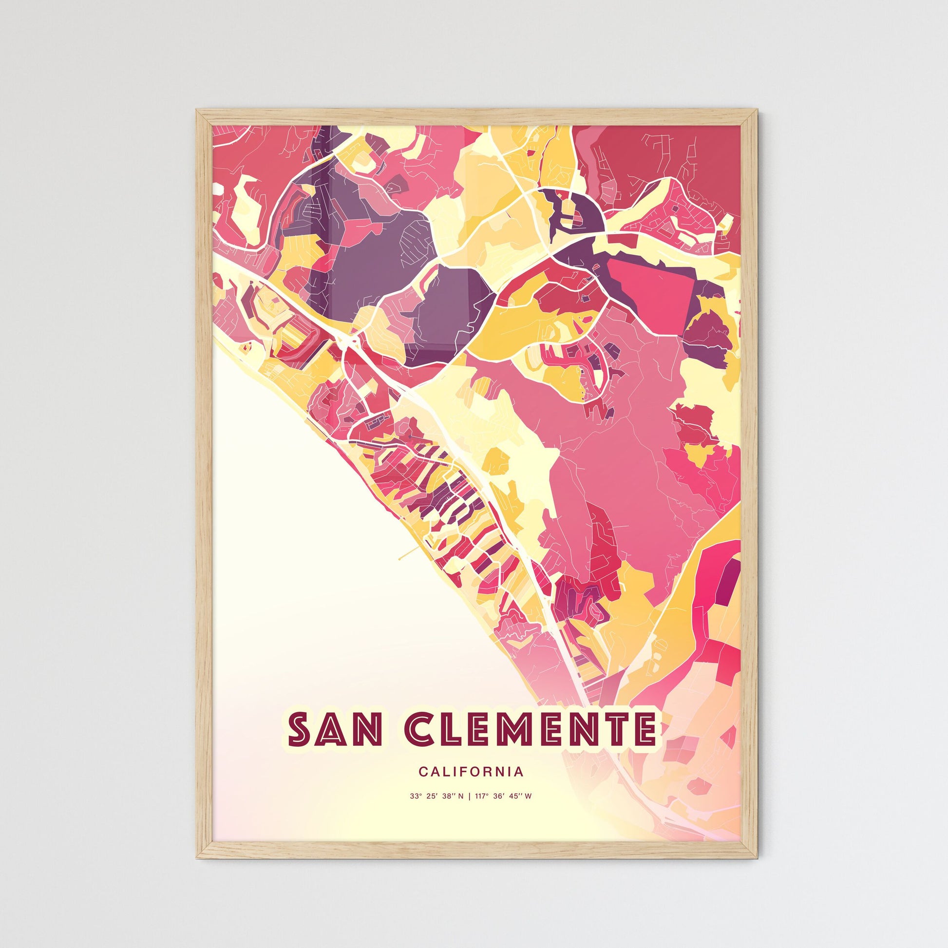 Colorful San Clemente California Fine Art Map Hot Red