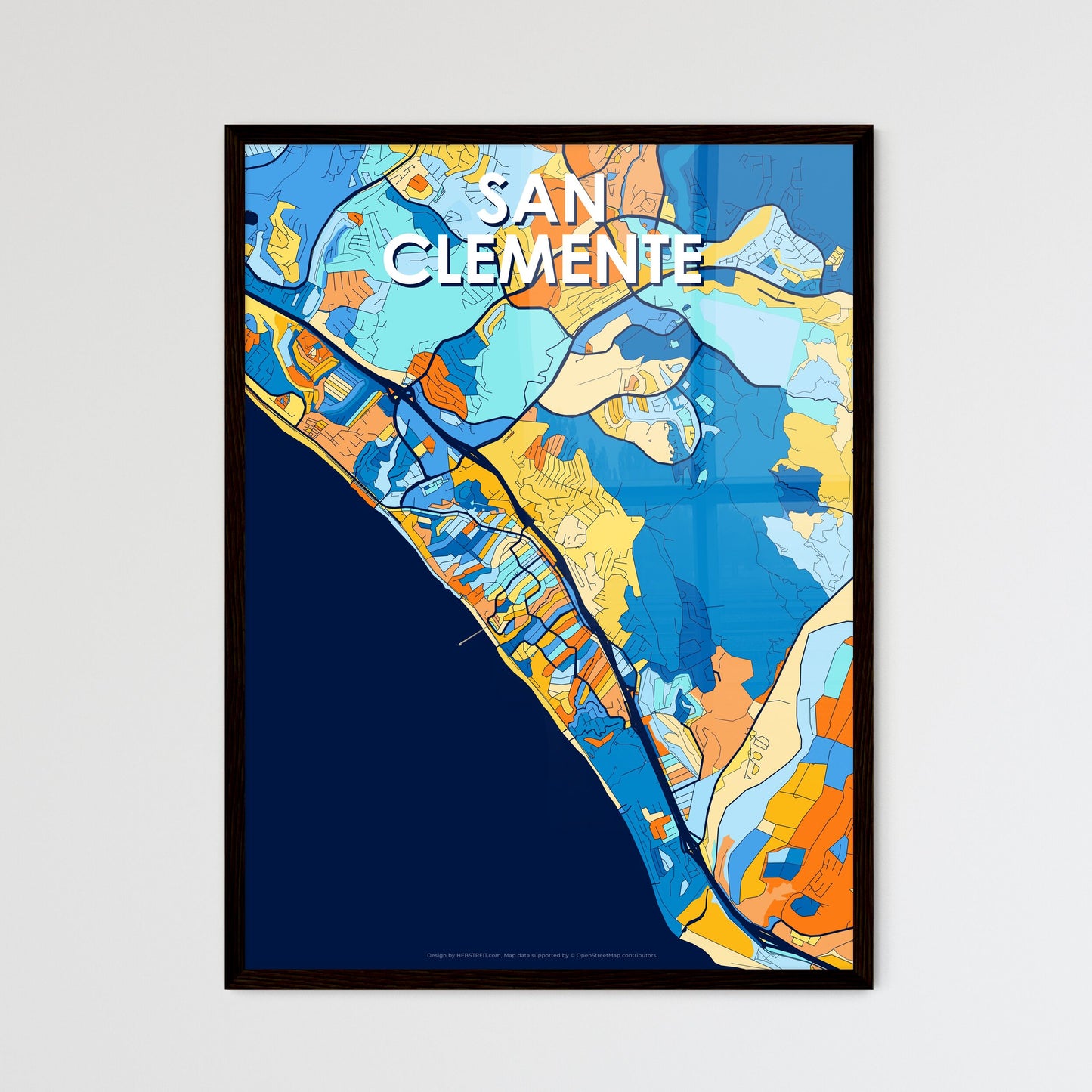 SAN CLEMENTE CALIFORNIA Vibrant Colorful Art Map Poster Blue Orange