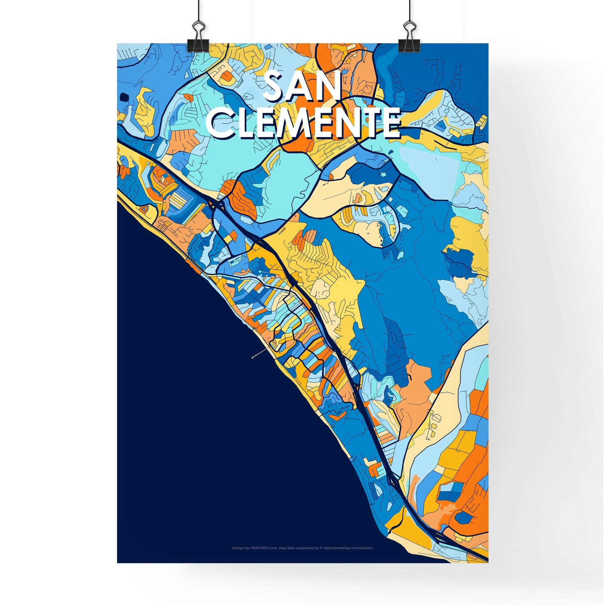 SAN CLEMENTE CALIFORNIA Vibrant Colorful Art Map Poster Blue Orange