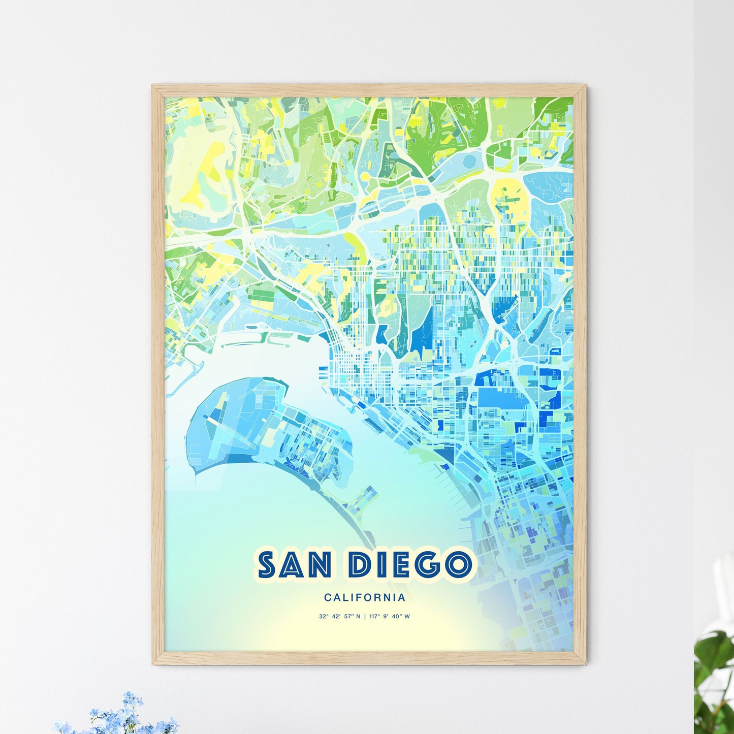 Colorful San Diego California Fine Art Map Cool Blue