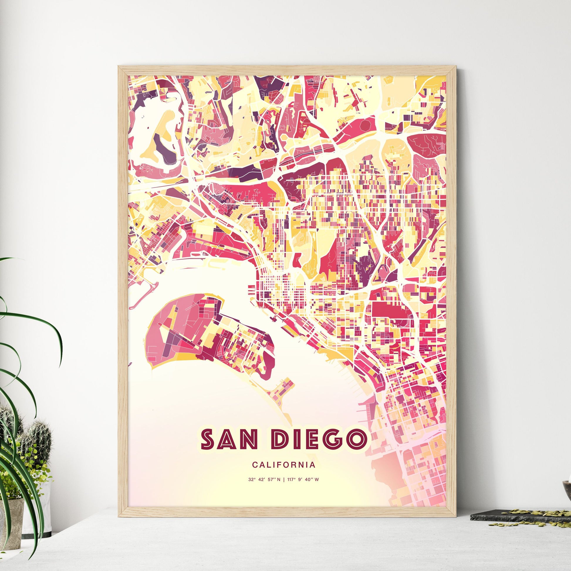 Colorful San Diego California Fine Art Map Hot Red