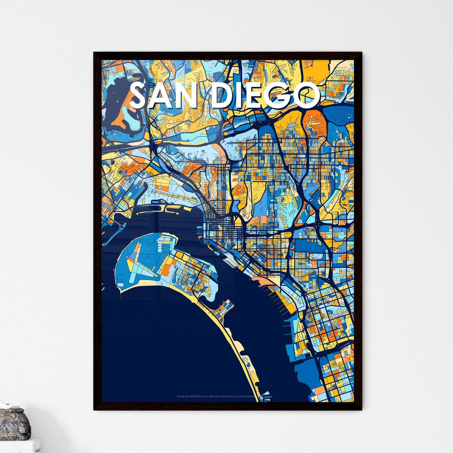 SAN DIEGO CALIFORNIA Vibrant Colorful Art Map Poster Blue Orange