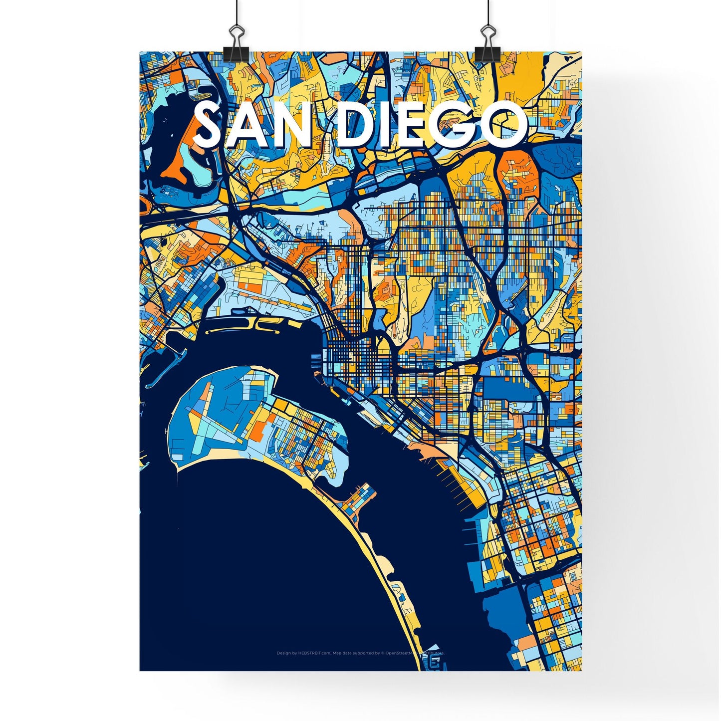 SAN DIEGO CALIFORNIA Vibrant Colorful Art Map Poster Blue Orange