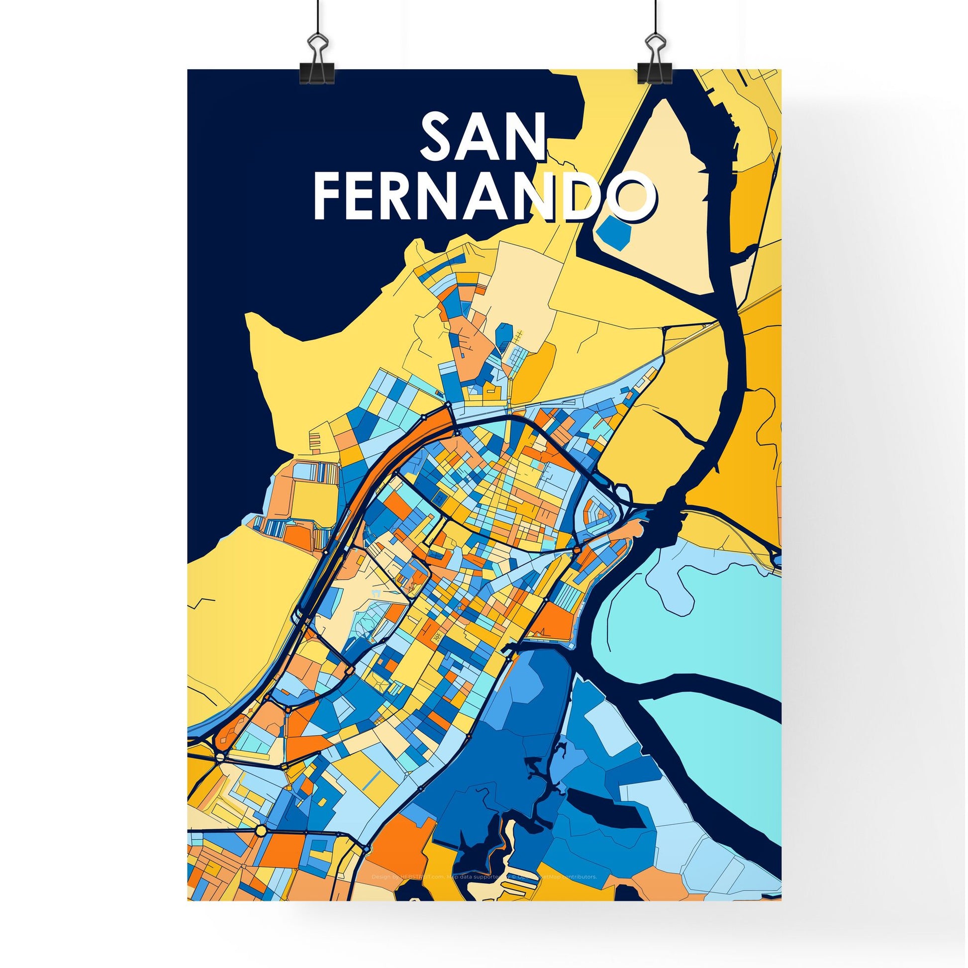 SAN FERNANDO SPAIN Vibrant Colorful Art Map Poster Blue Orange