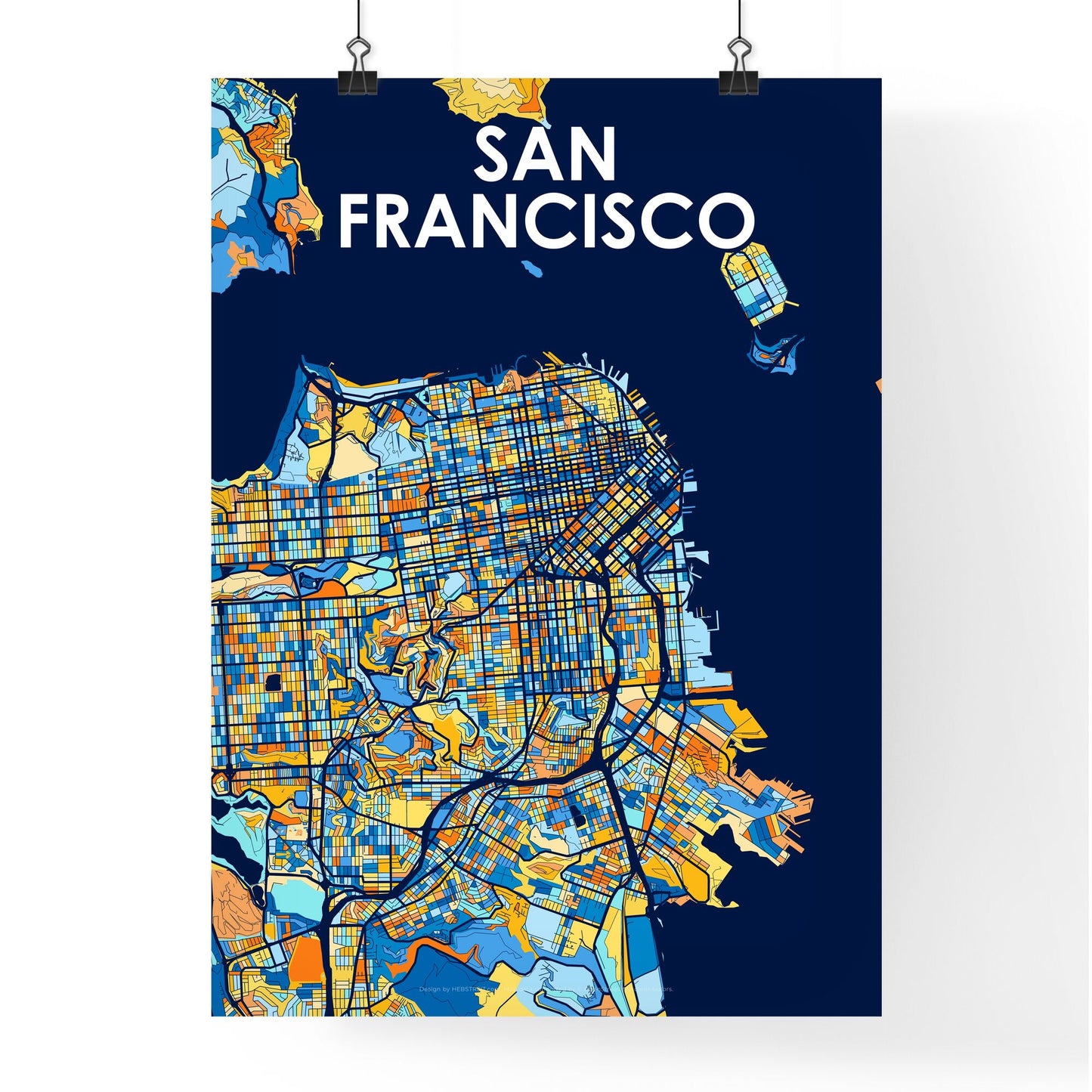 SAN FRANCISCO CALIFORNIA Vibrant Colorful Art Map Poster Blue Orange