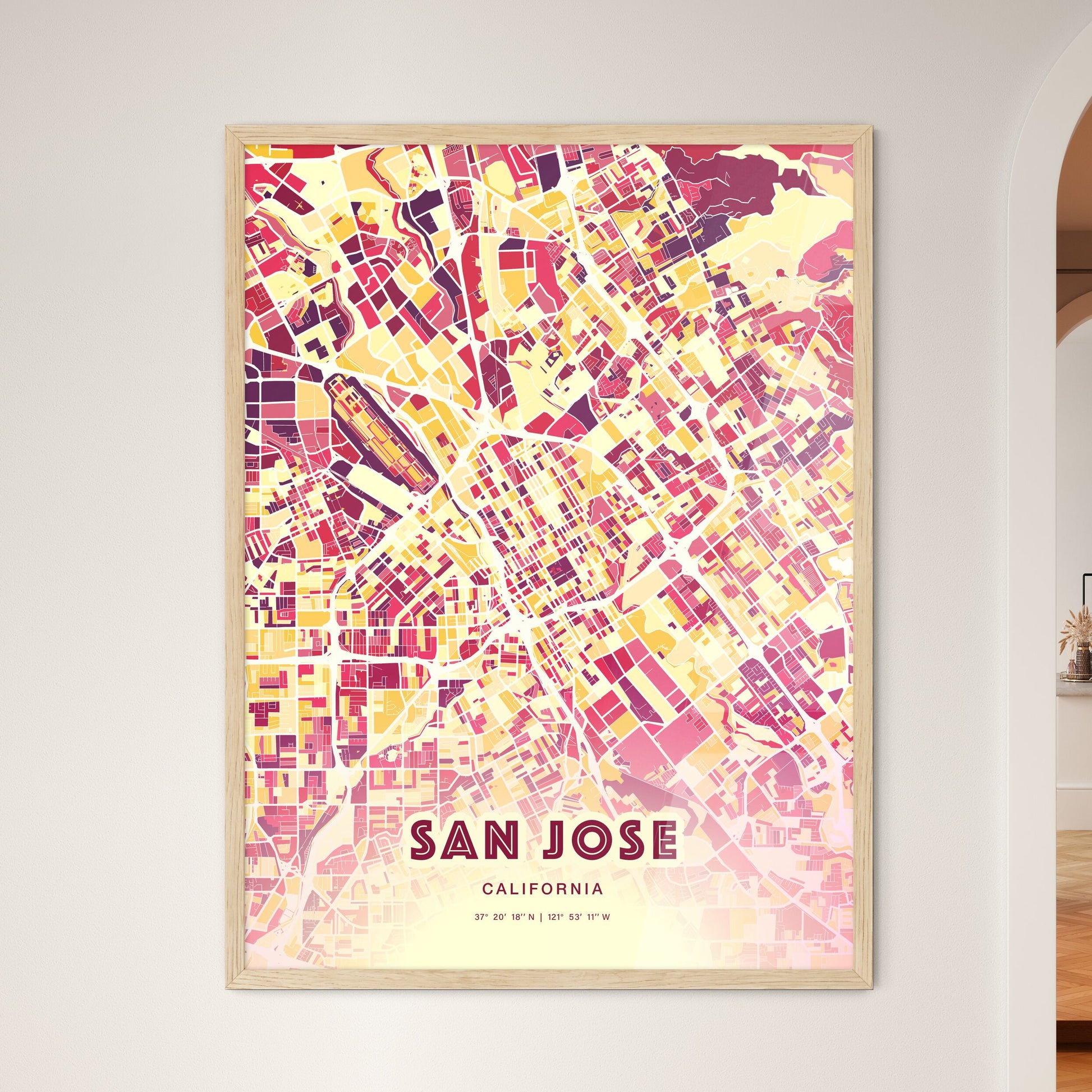 Colorful San Jose California Fine Art Map Hot Red
