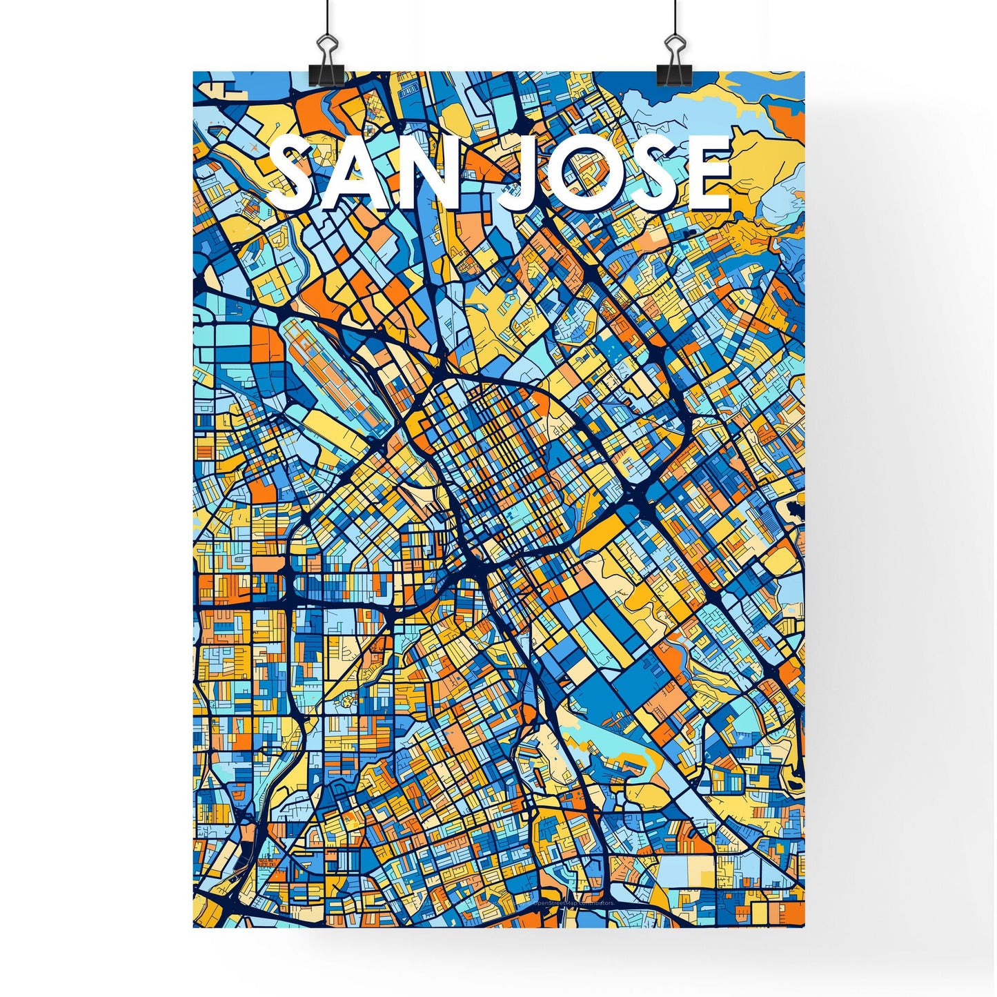 SAN JOSE CALIFORNIA Vibrant Colorful Art Map Poster Blue Orange