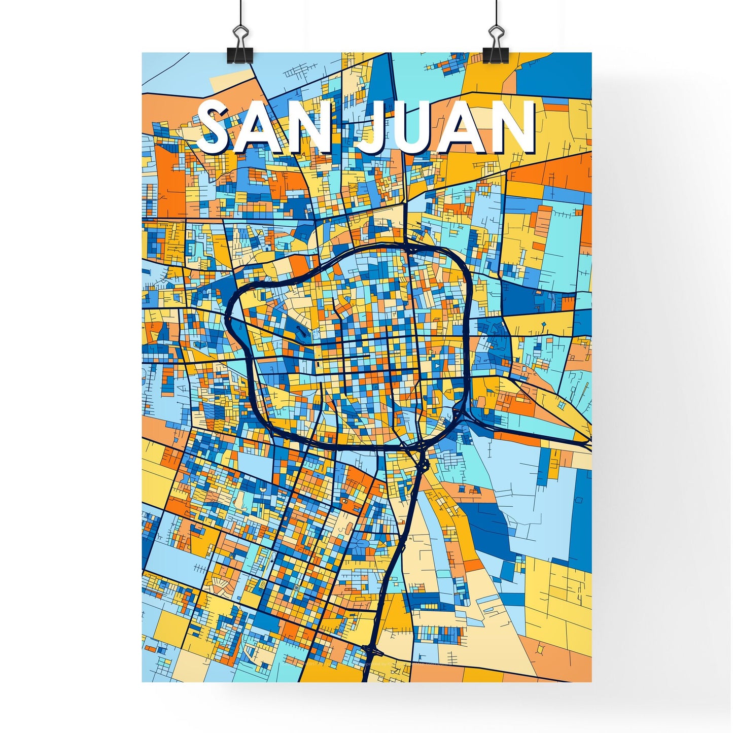 SAN JUAN ARGENTINA Vibrant Colorful Art Map Poster Blue Orange