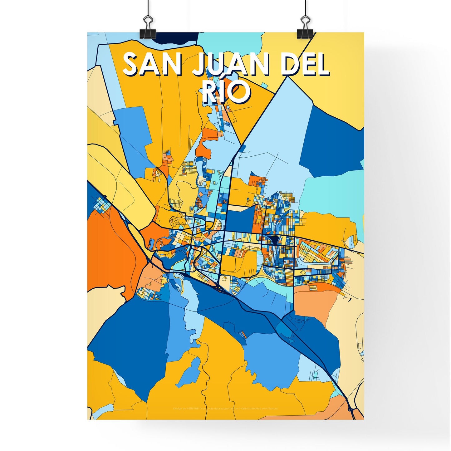 SAN JUAN DEL RÍO MEXICO Vibrant Colorful Art Map Poster Blue Orange