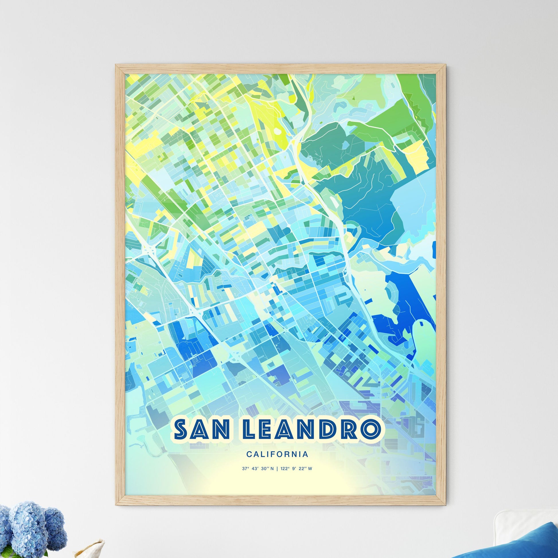 Colorful San Leandro California Fine Art Map Cool Blue