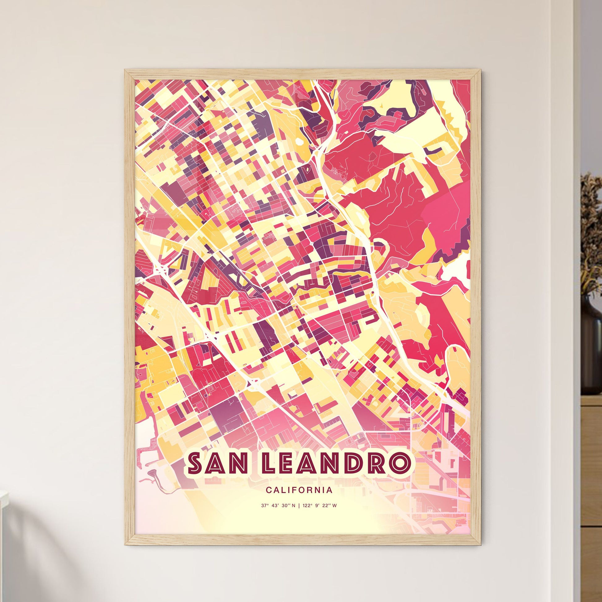 Colorful San Leandro California Fine Art Map Hot Red