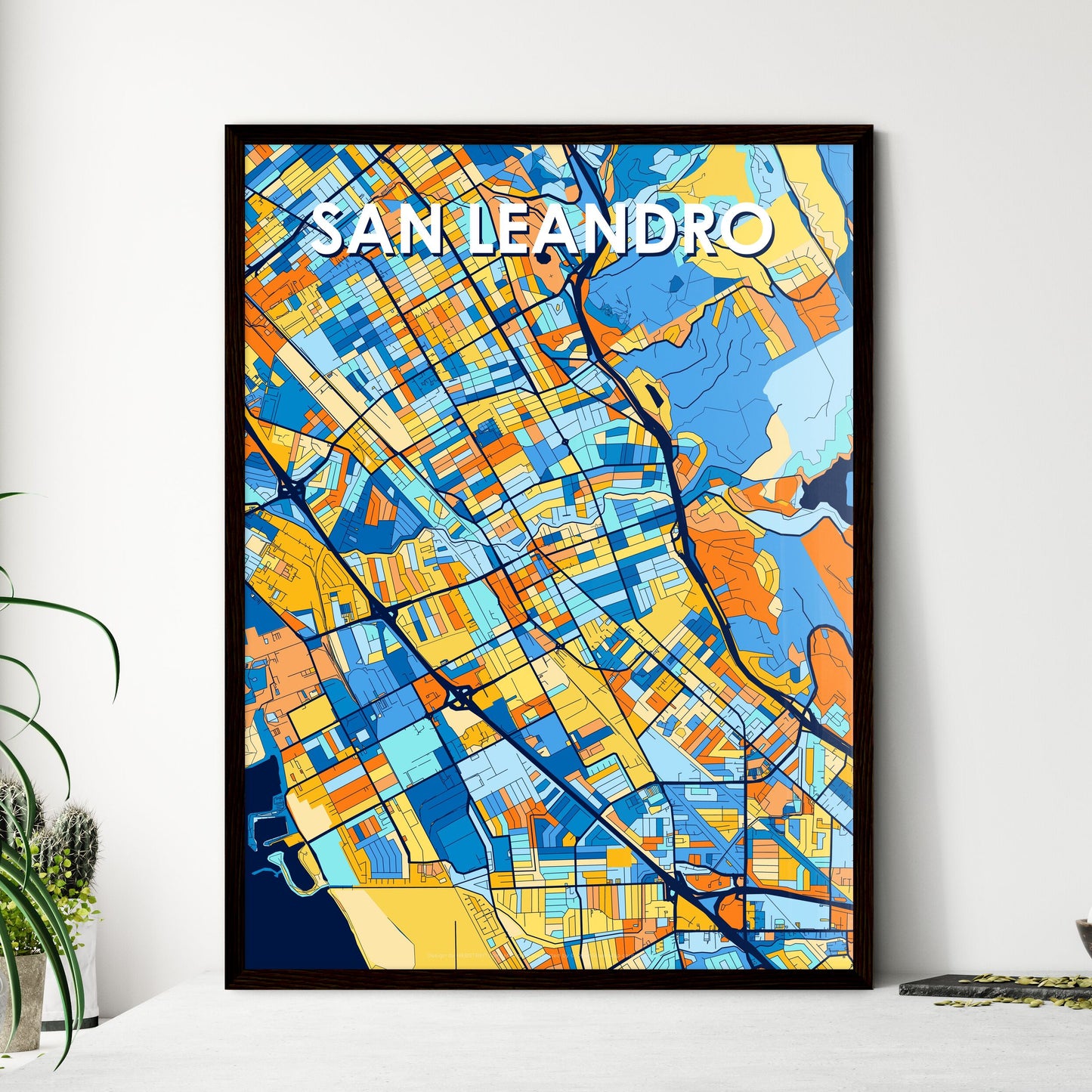 SAN LEANDRO CALIFORNIA Vibrant Colorful Art Map Poster Blue Orange