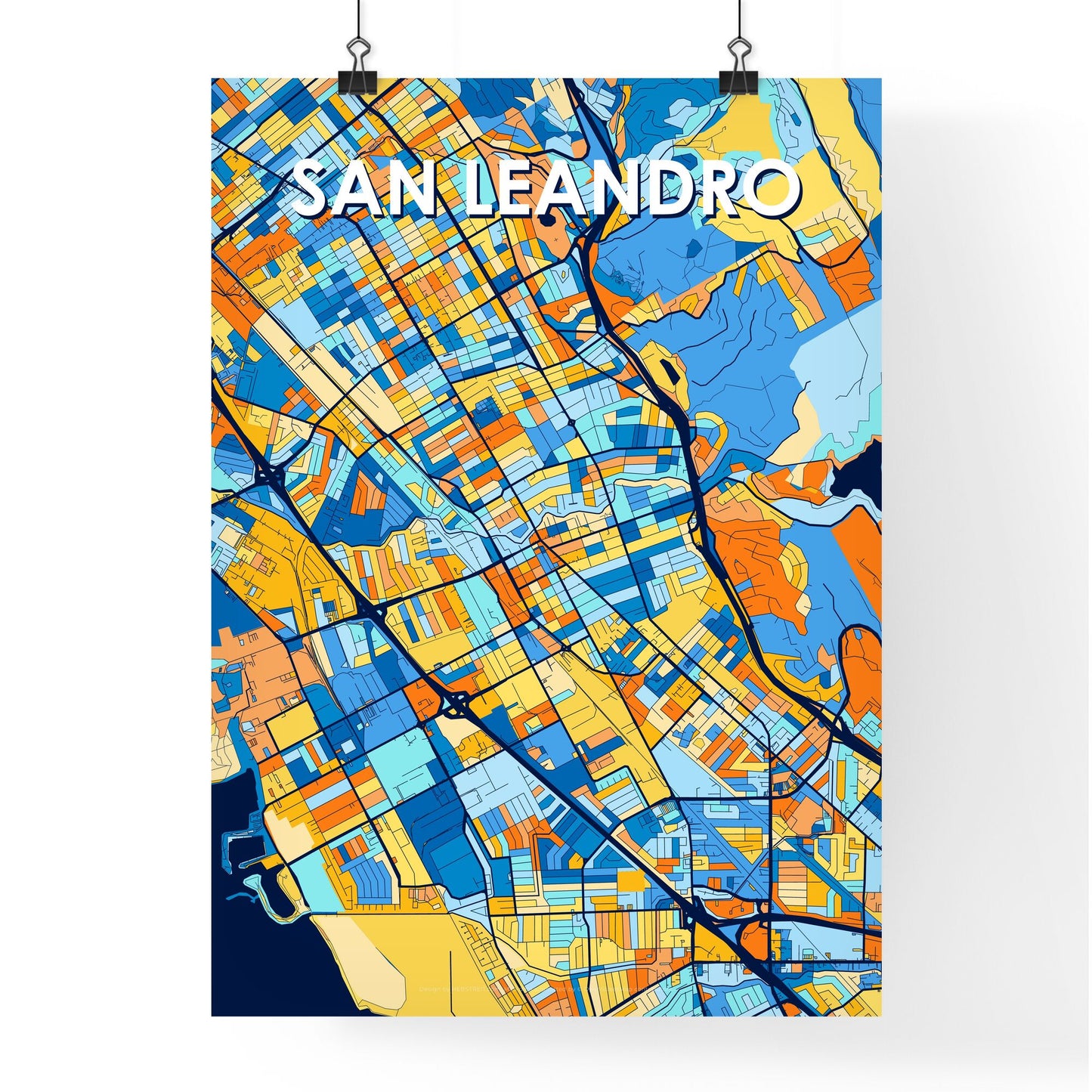 SAN LEANDRO CALIFORNIA Vibrant Colorful Art Map Poster Blue Orange