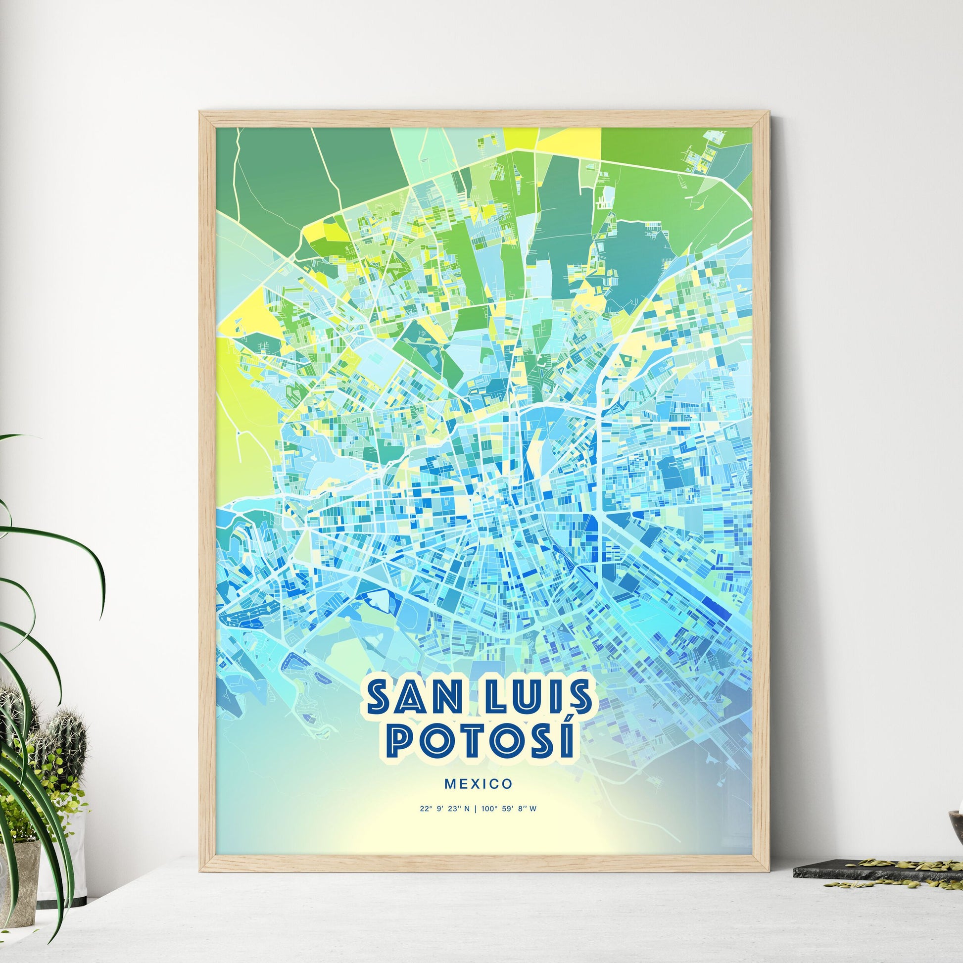 Colorful San Luis Potosí Mexico Fine Art Map Cool Blue