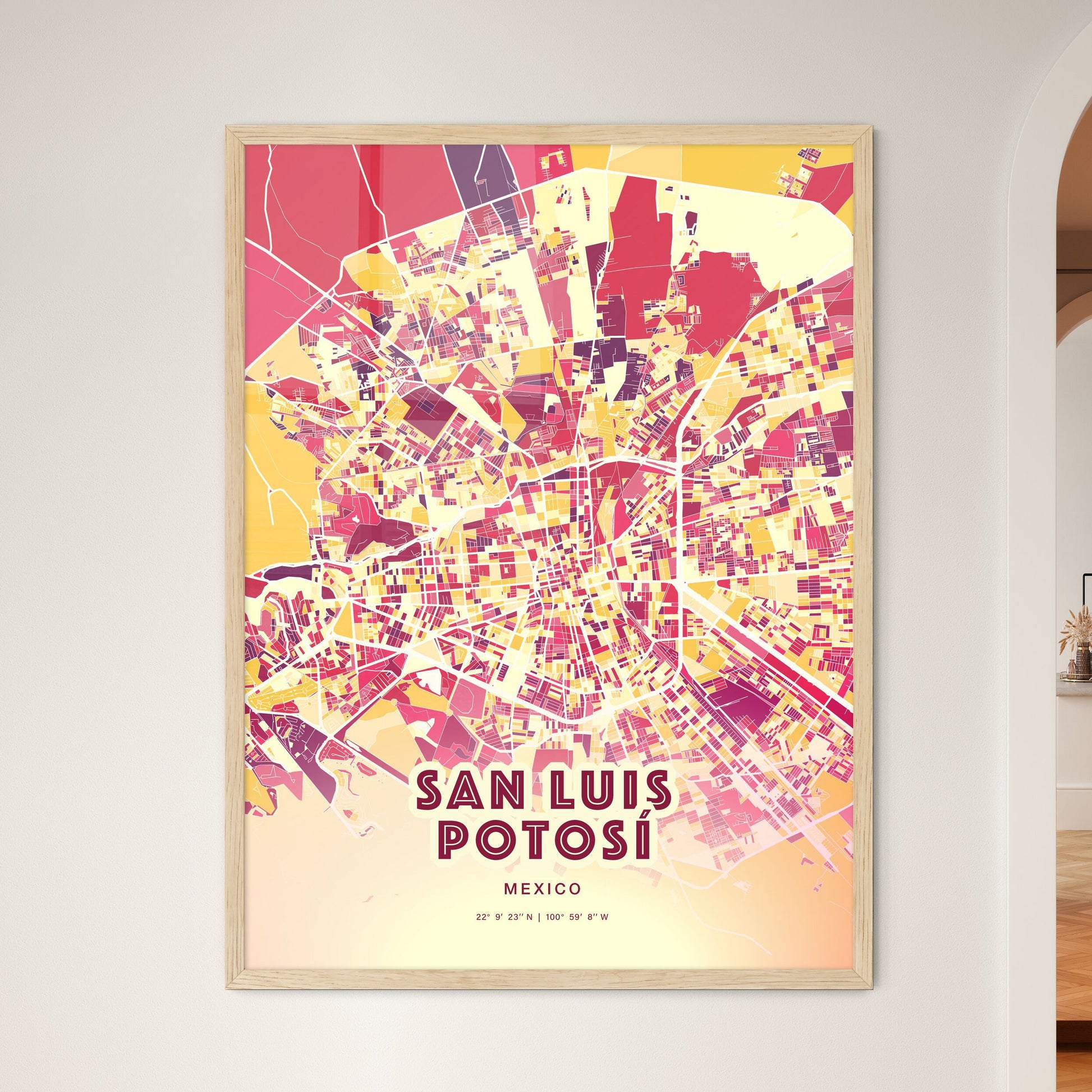 Colorful San Luis Potosí Mexico Fine Art Map Hot Red