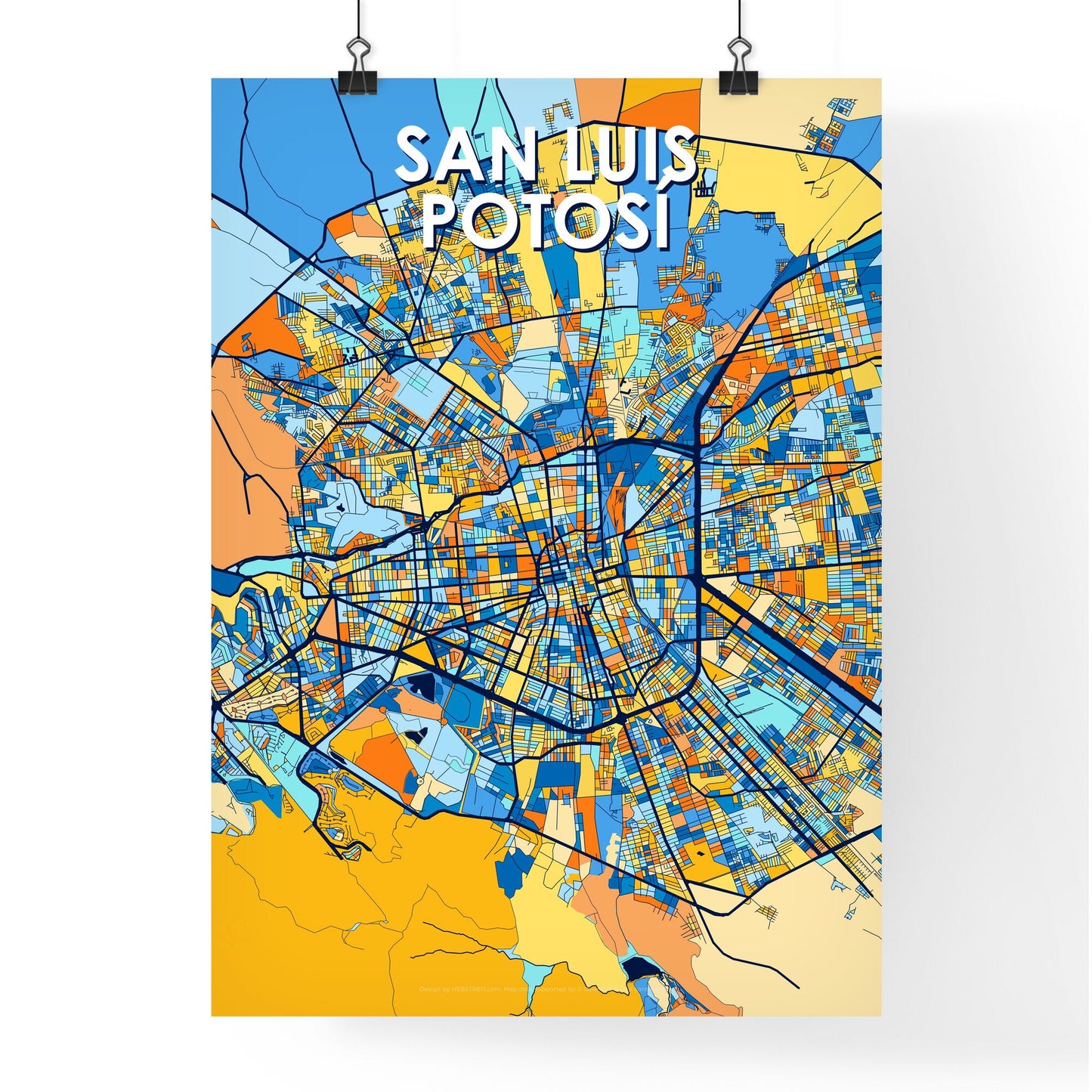 SAN LUIS POTOSÍ MEXICO Vibrant Colorful Art Map Poster Blue Orange