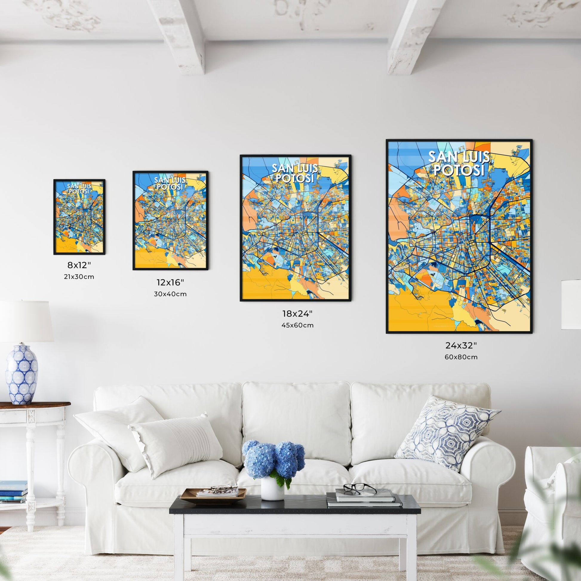 SAN LUIS POTOSÍ MEXICO Vibrant Colorful Art Map Poster Blue Orange