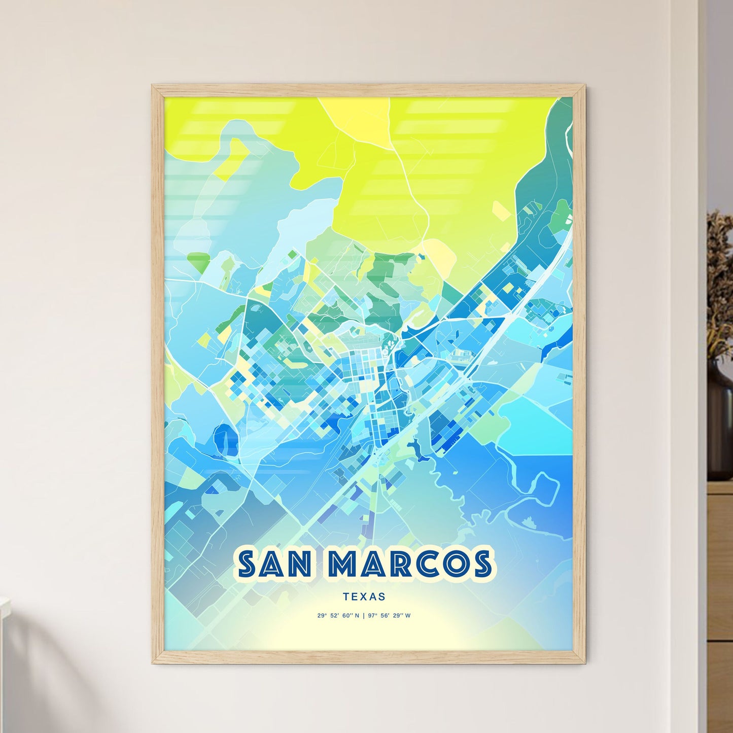 Colorful San Marcos Texas Fine Art Map Cool Blue