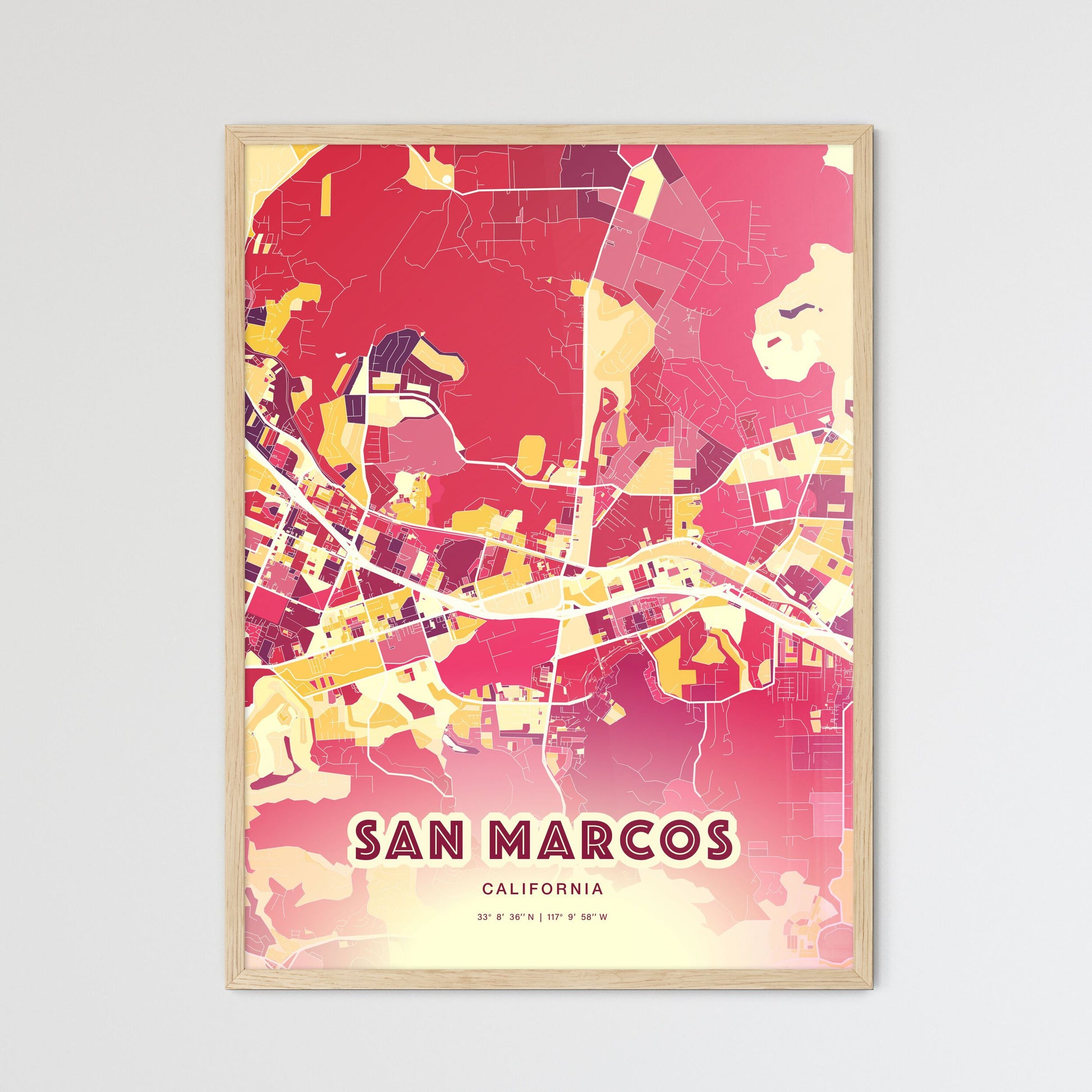 Colorful San Marcos California Fine Art Map Hot Red