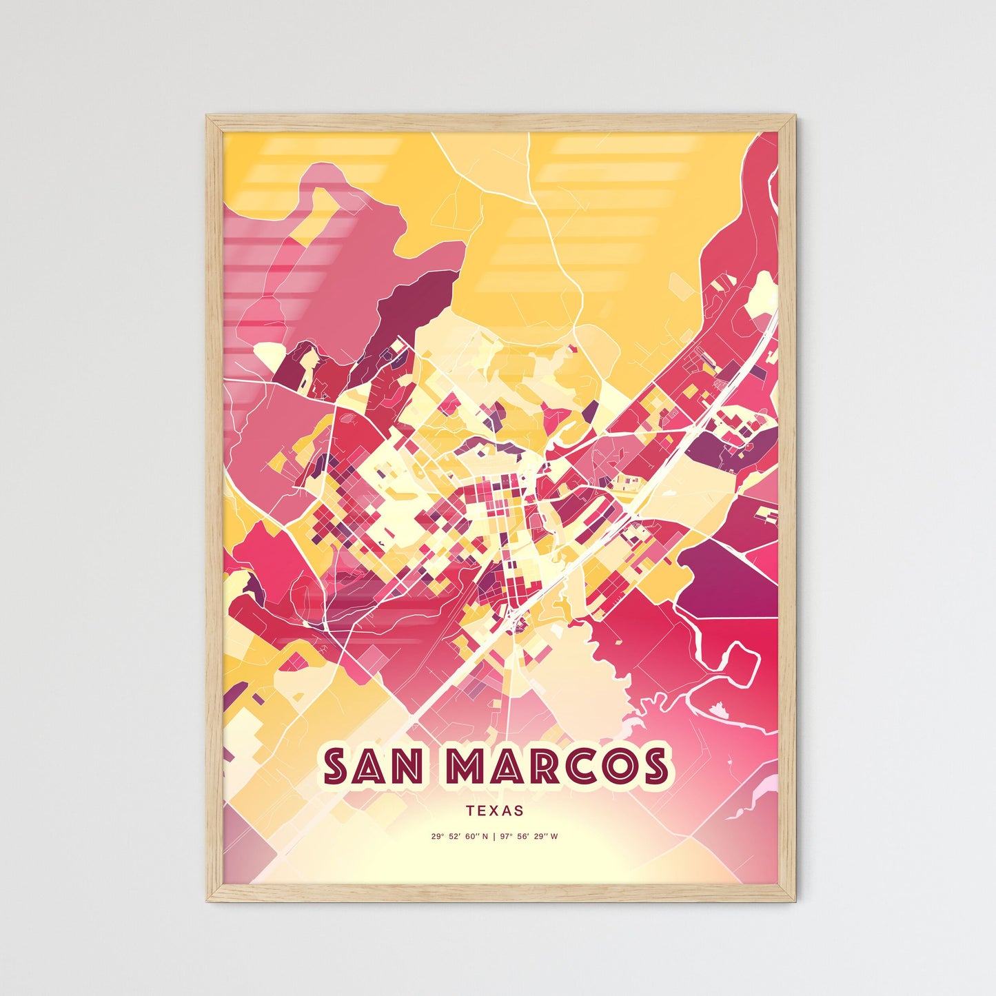 Colorful San Marcos Texas Fine Art Map Hot Red